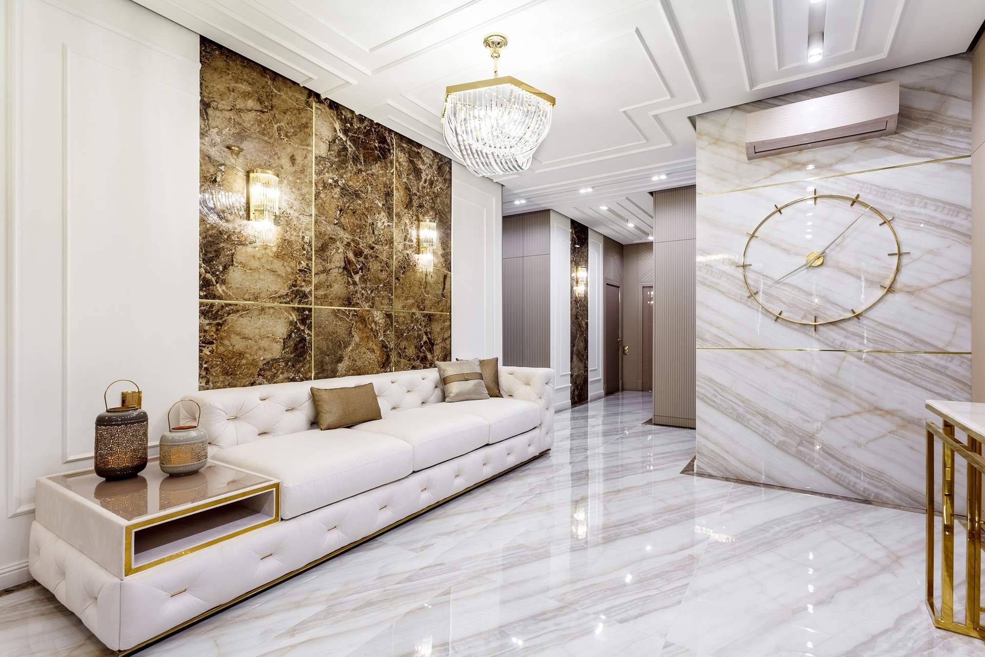 Living room in rich modern home with italian marble floor